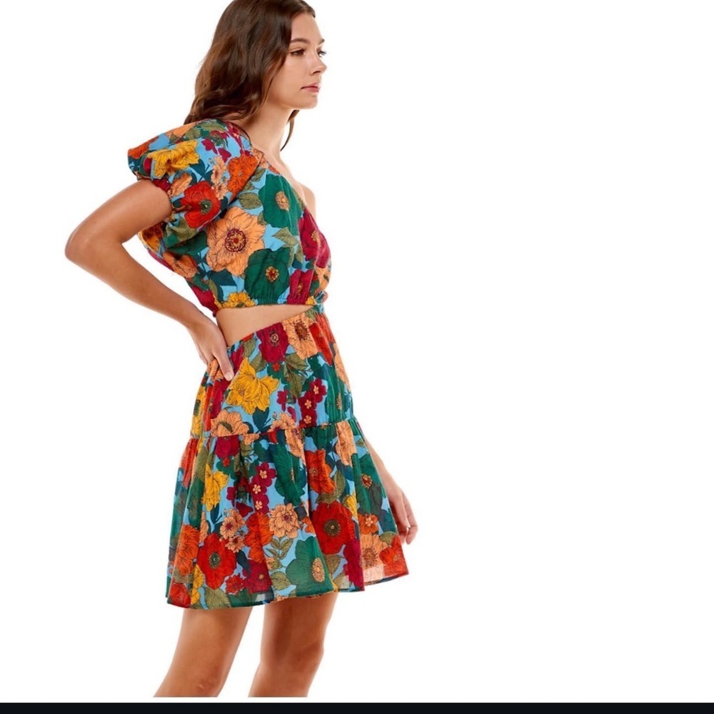 Du Paradis Dress Multicolor Floral Cut‎ Out One Shoulder Mini Fit & Flare